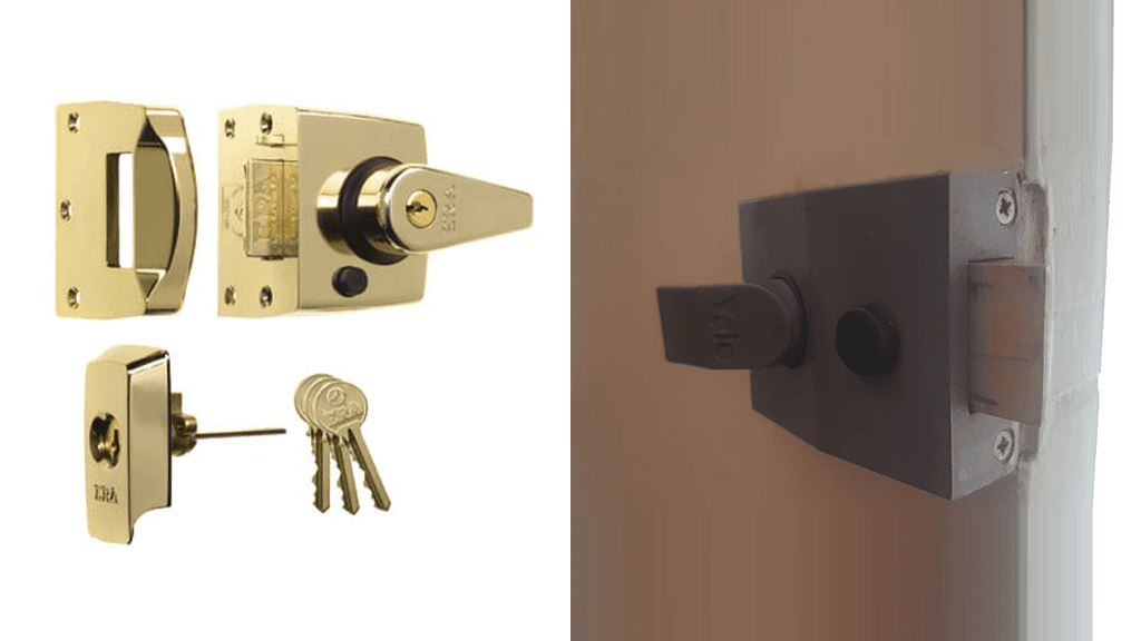 a photo of a night latch product and night latch on a door