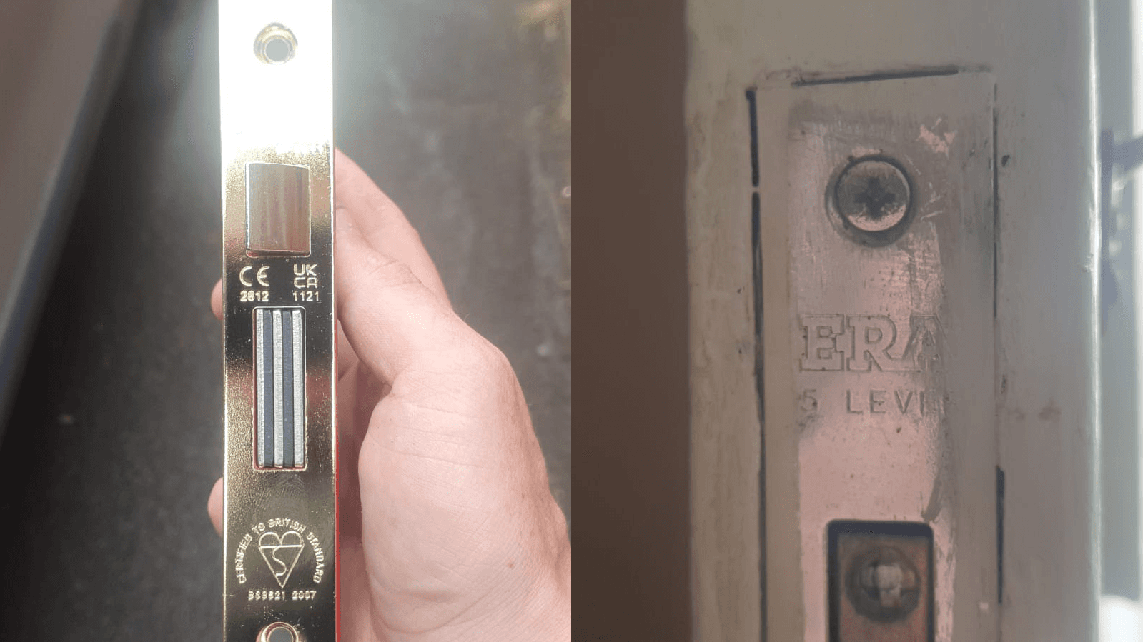 A photo of a mortice lock door lock on a door and a photo of a five lever mortice deadlock