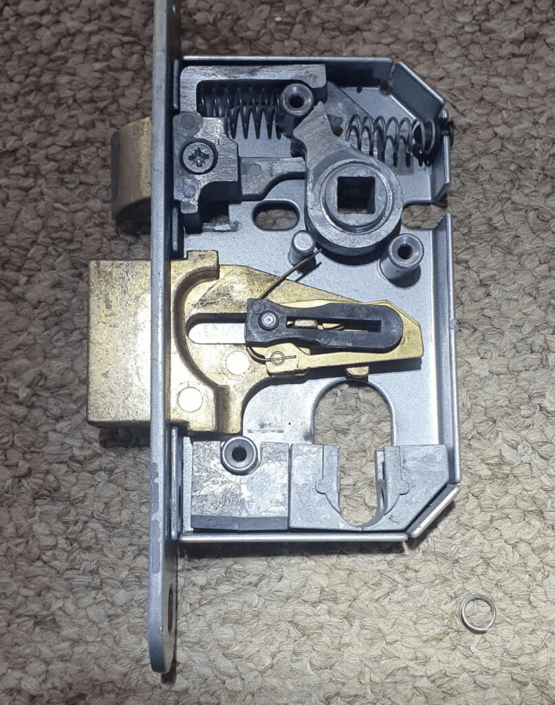 The insides of a mortice lock